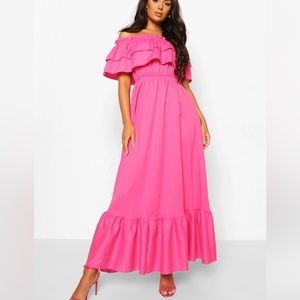 BOOHOO Pink Off the Shoulder Maxi Dress Vacation Dress Resort Wear New w/Tags